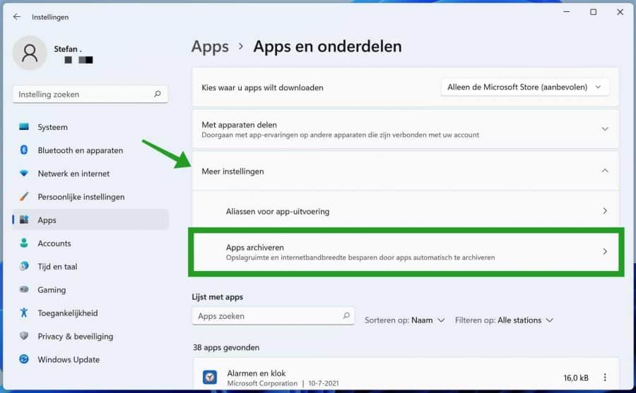 Apps archiveren instellingen