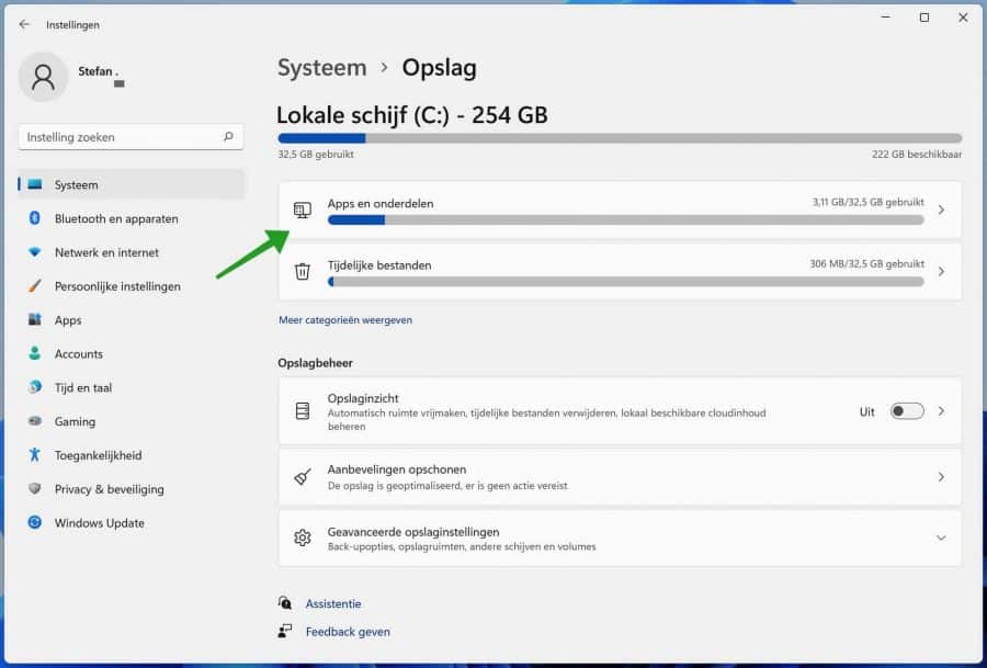 Apps en onderdelen wissen in Windows 11