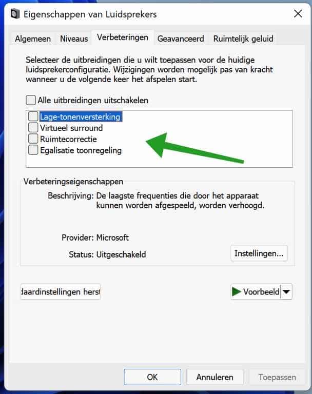 Audio uitbreidingen inschakelen of uitschakelen in Windows 11