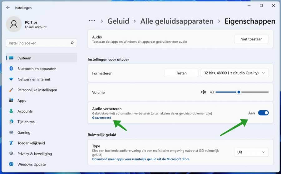 Audio verbeteren in Windows 11 inschakelen