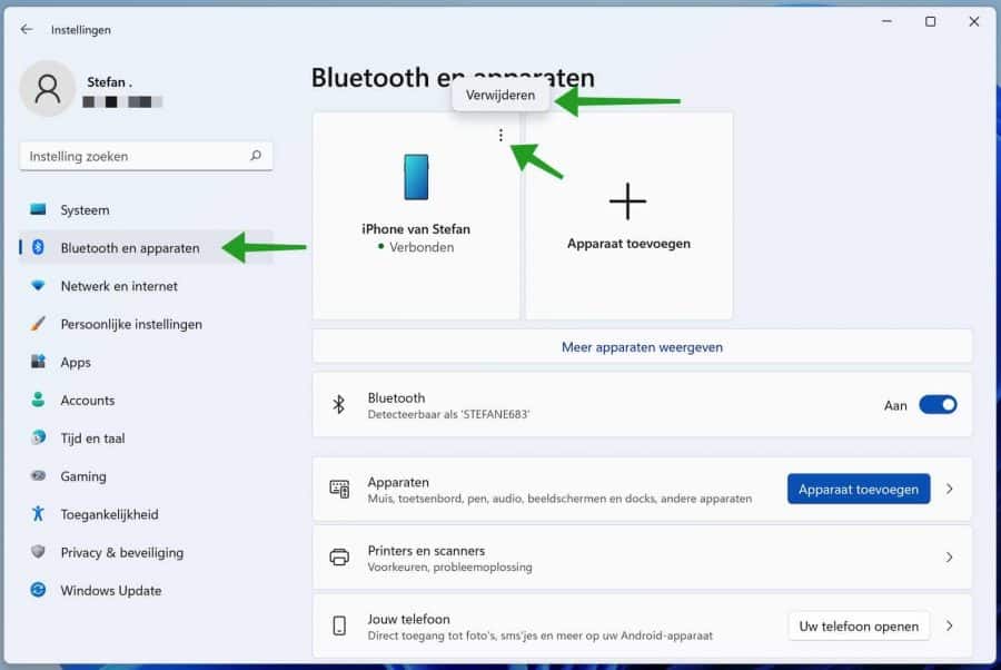 在 Windows 11 中删除蓝牙设备