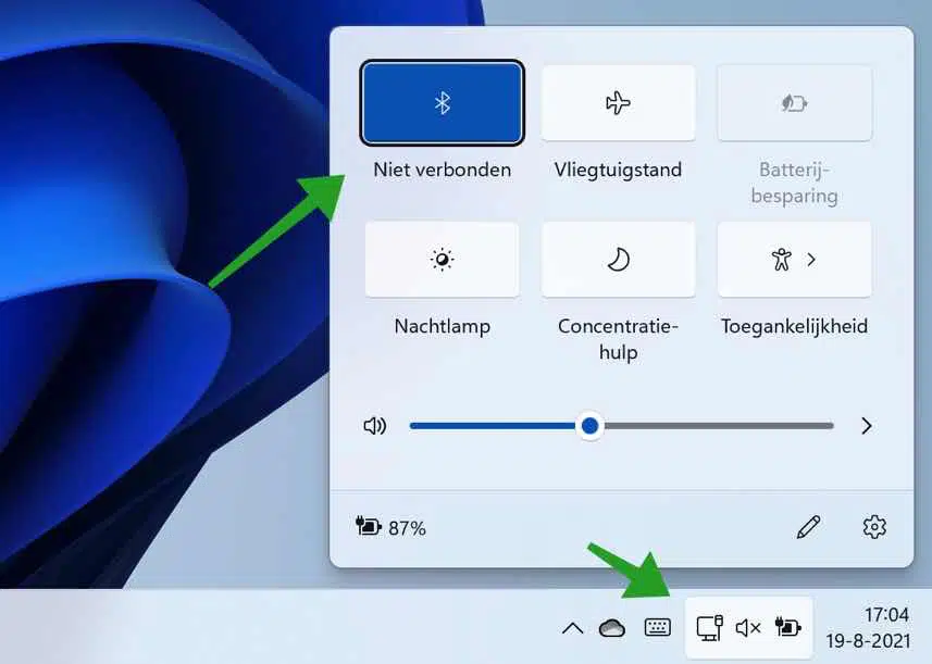 Bluetooth inschakelen via het actiecentrum
