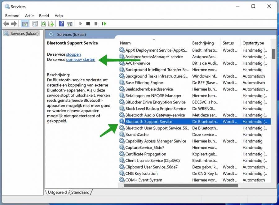 Bluetooth support service herstarten