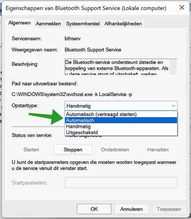 Bluetooth support service opstarttype wijzigen naar Automatisch