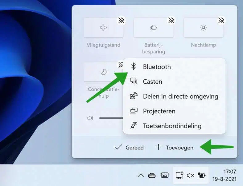 Bluetooth tegel toevoegen aan het actiecentrum