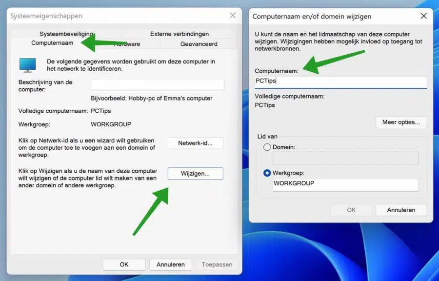 Computernaam in Windows 11 wijzigen via het configuratiescherm