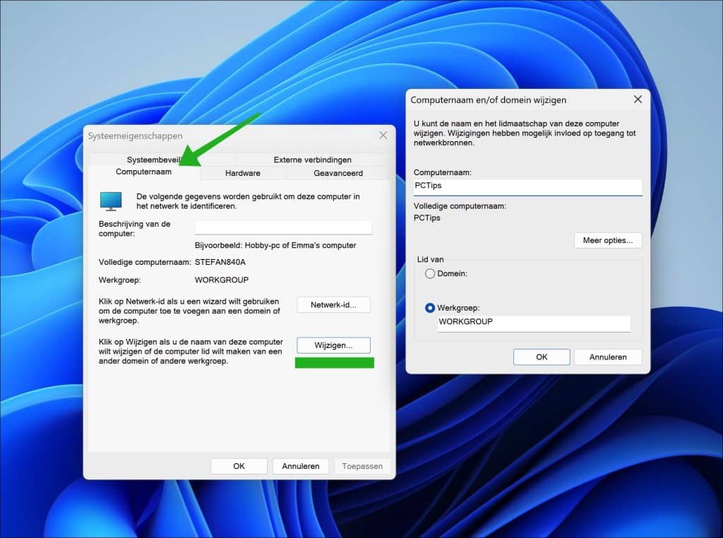 Computernaam wijzigen via eigenschappen