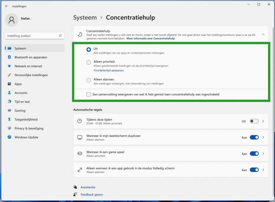 Concentration aid settings in Windows 11