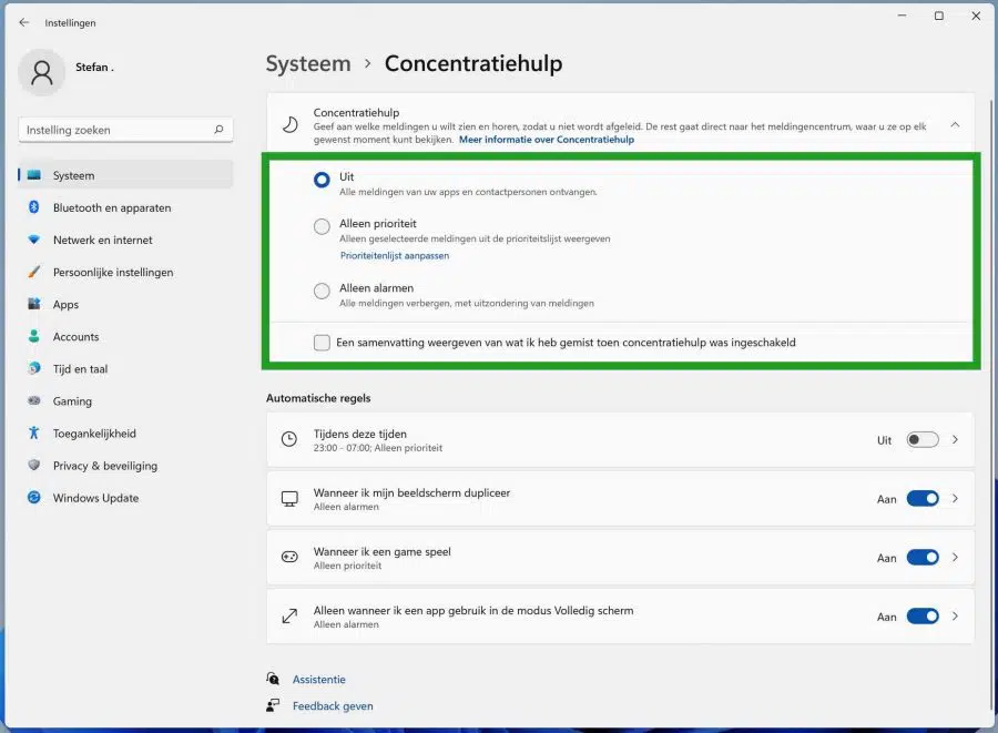 Concentratiehulp instellingen in Windows 11