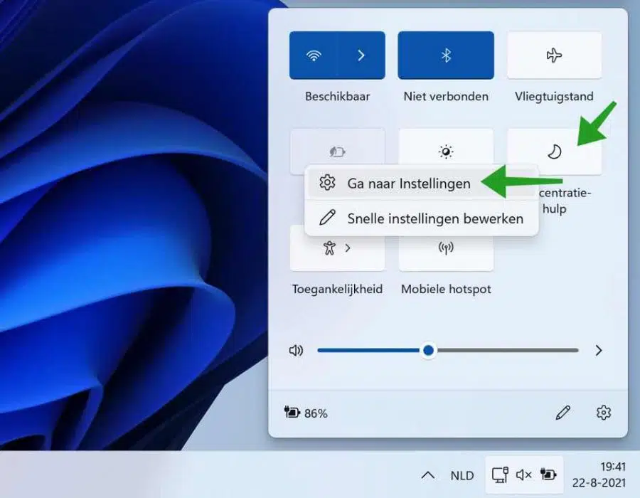 Concentratiehulp instellingen openen via het actiecentrum