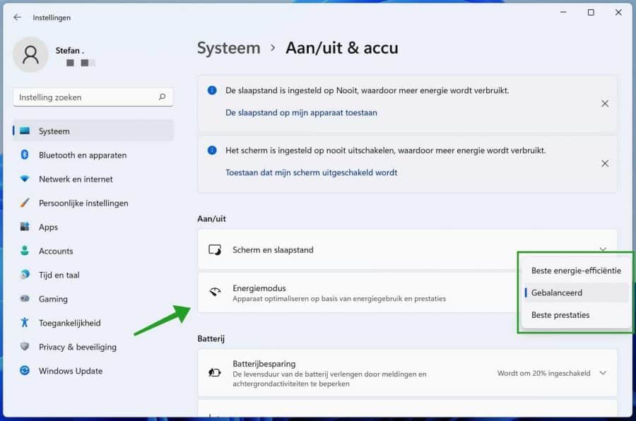 Energiemodus Windows 11