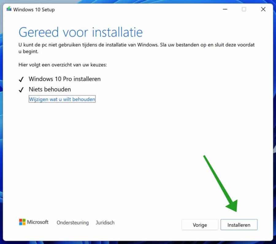 Gereed voor installatie van Windows 10