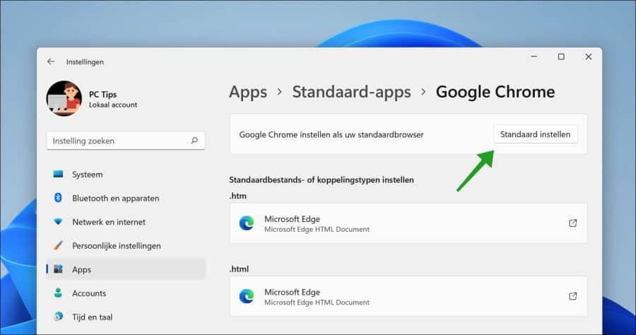 Google chrome instellen als standaard browser in Windows 11