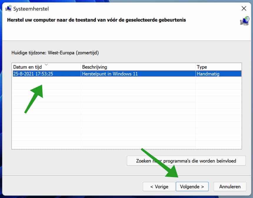 Herstelpunt selecteren