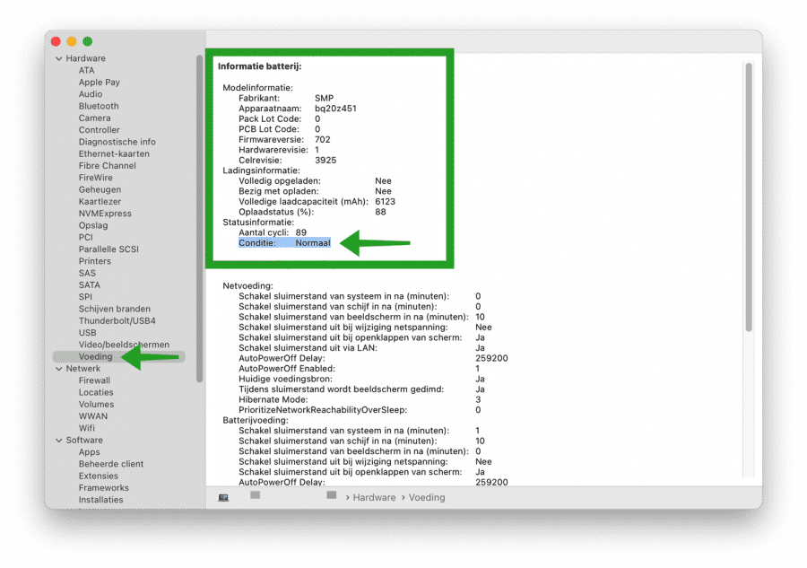 Battery status information via system overview macOS