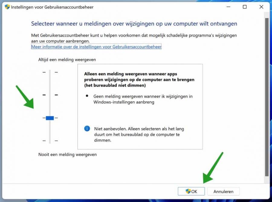 Instellingen voor Gebruikersaccountbeheer UAC aanpassen in Windows 11