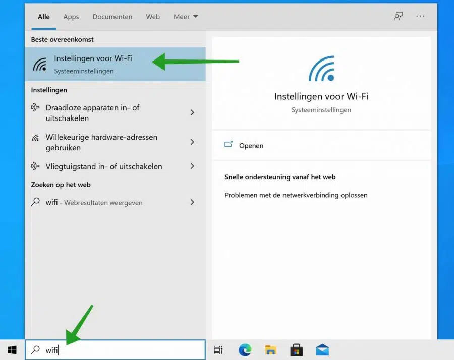 Instellingen voor Wifi
