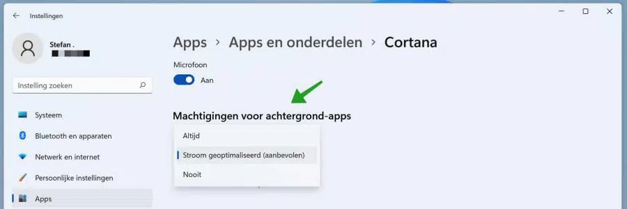 Machtigingen voor achtergrond apps