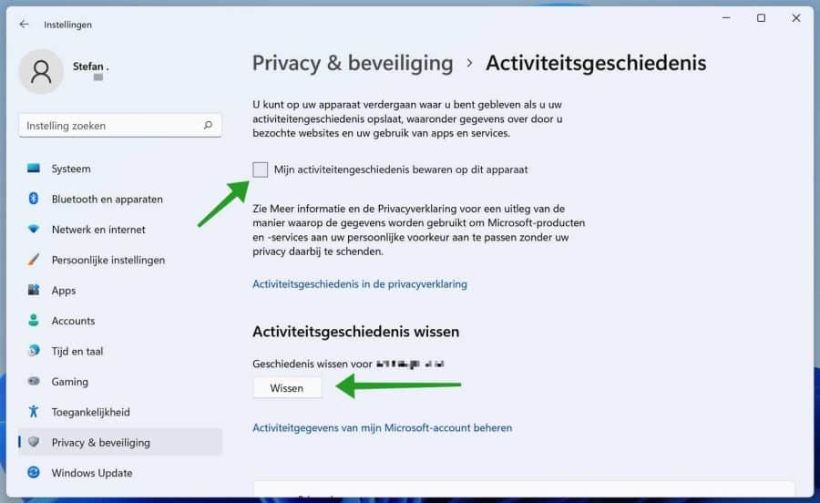 Mijn activiteitengeschiedenis bewaren op dit apparaat uitschakelen en wissen