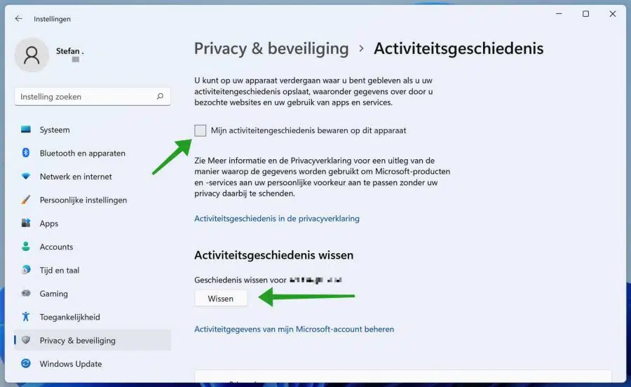 Mijn activiteitengeschiedenis bewaren op dit apparaat uitschakelen en wissen