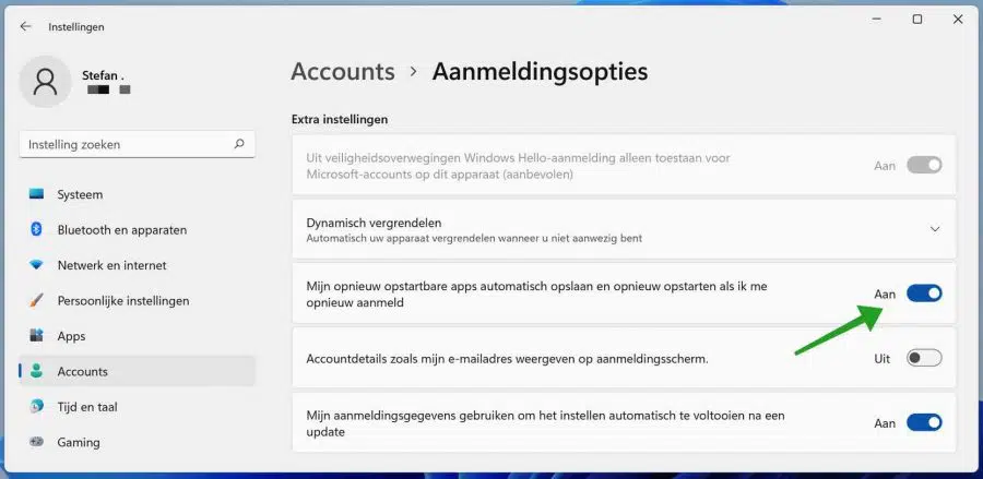 Mijn opnieuw opstartbare apps automatisch opslaan en opnieuw opstarten als ik me opnieuw aanmeld inschakelen