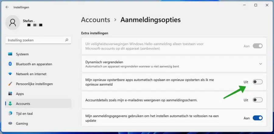 Mijn opnieuw opstartbare apps automatisch opslaan en opnieuw opstarten als ik me opnieuw aanmeld uitschakelen