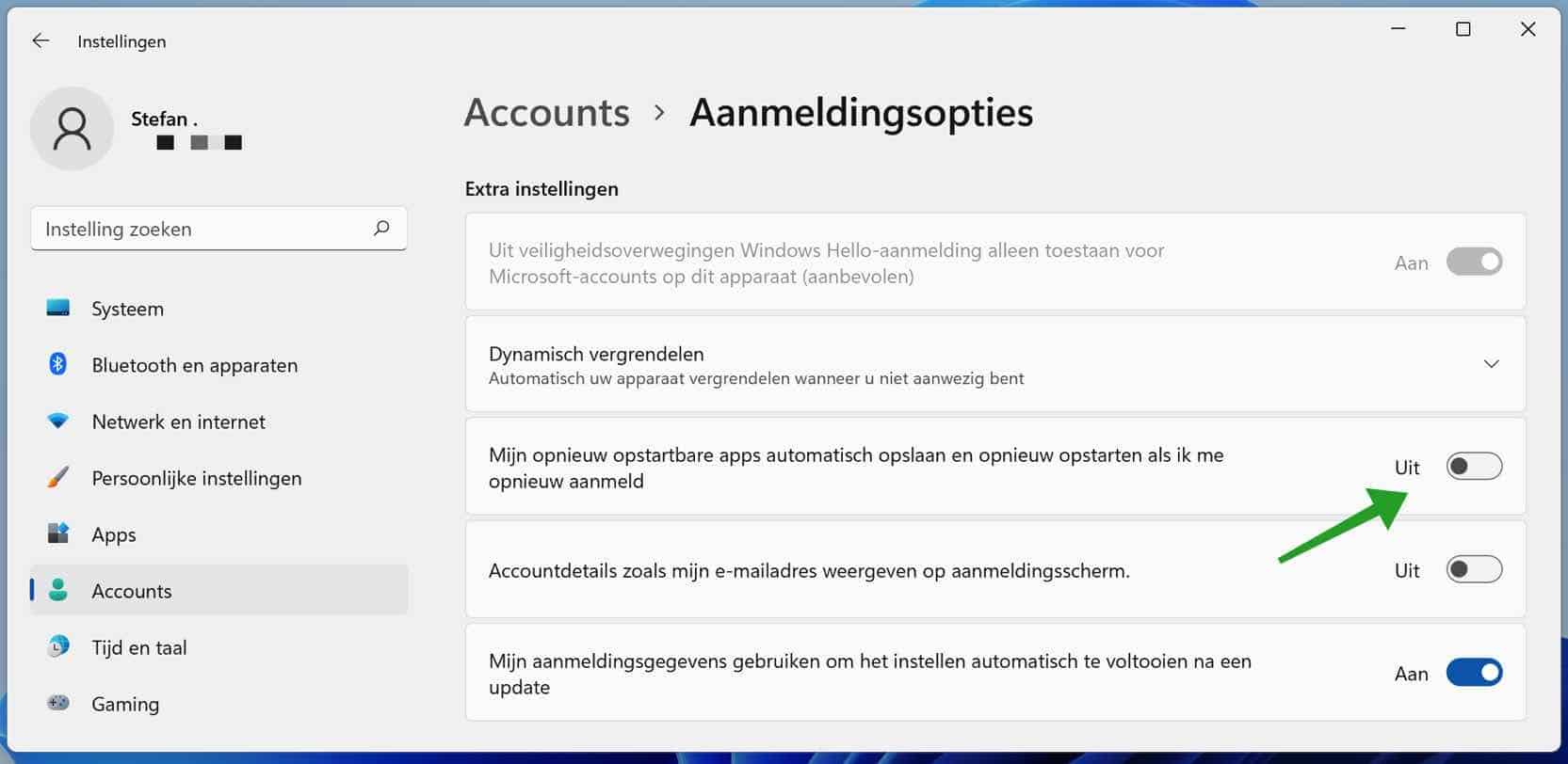 Automatisch herstarten van apps inschakelen in Windows 11