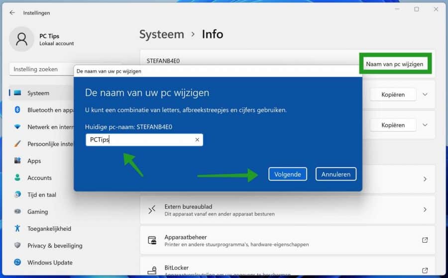 Naam van de PC wijzigen in Windows 11