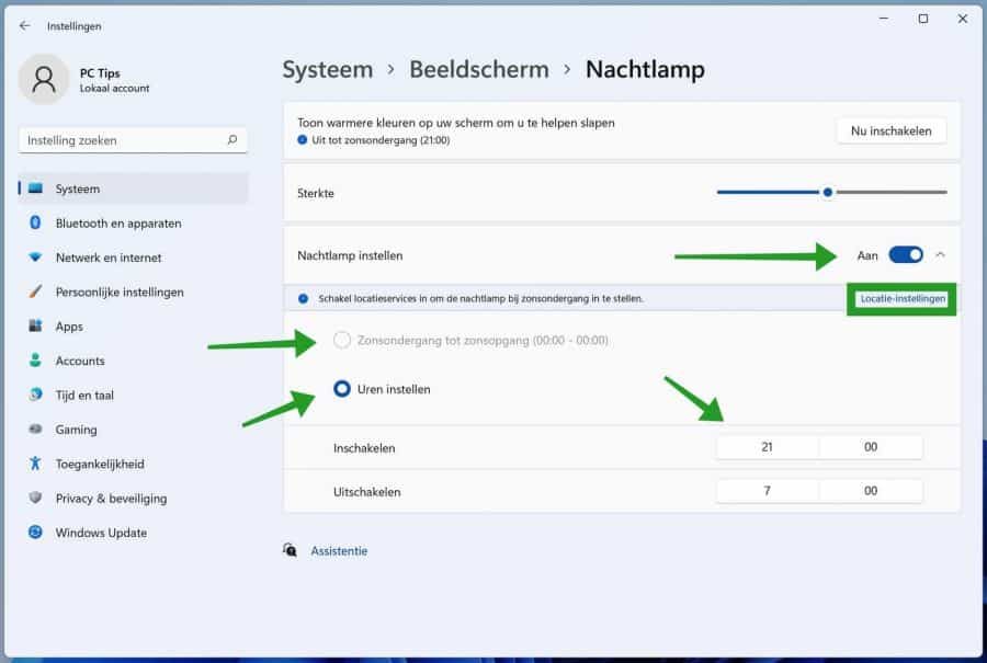 Nachtlamp configureren in Windows 11