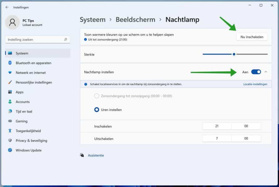 Nachtlamp inschakelen in Windows 11