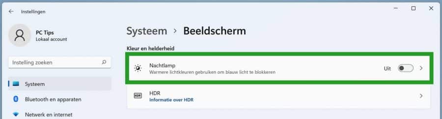 Nachtlamp instellingen in Windows 11