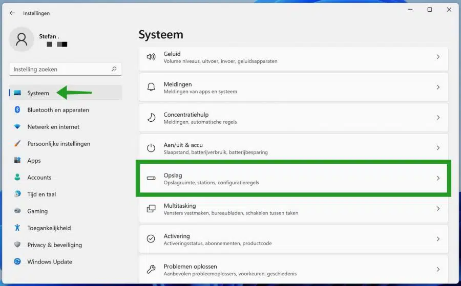 Opslag instellingen in Windows 11