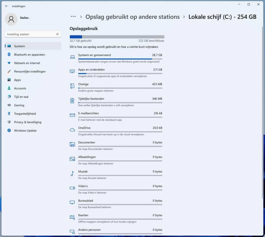 Opslaggebruik in Windows 11