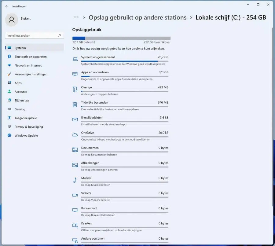 Opslaggebruik in Windows 11