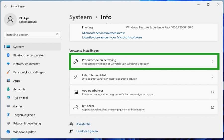 Productcode en activering in Windows 11