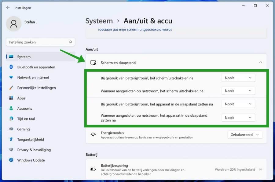 Scherm en slaapstand instellingen in Windows 11