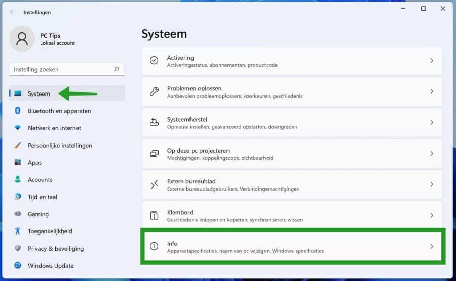 Systeem informatie in Windows 11