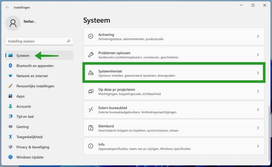 Systeemherstel opties in Windows 11