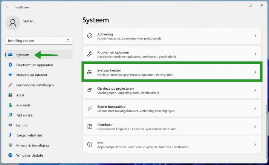 Systeemherstel opties in Windows 11