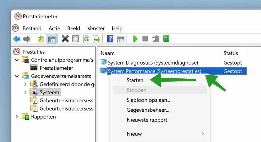System performance test starten met de Prestatiemeter