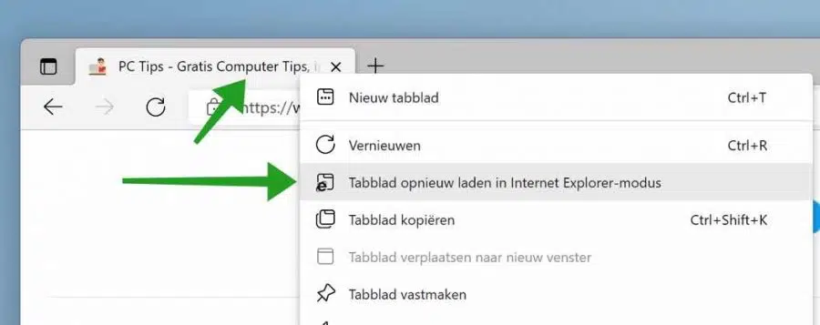 Tabblad opnieuw laden in Internet Explorer-modus