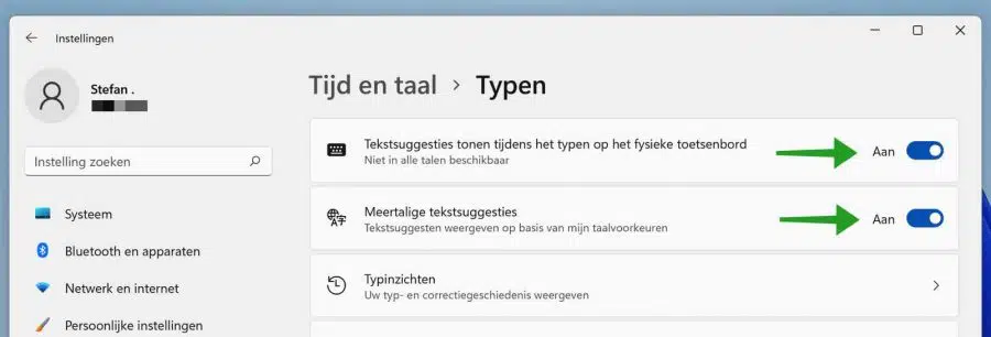 Tekstsuggesties instellingen in Windows 11