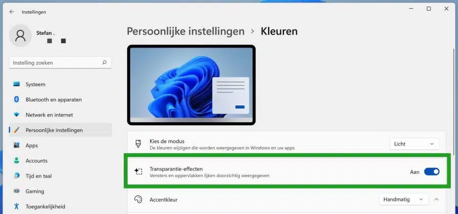 Transparantie effect uitschakelen in Windows 11