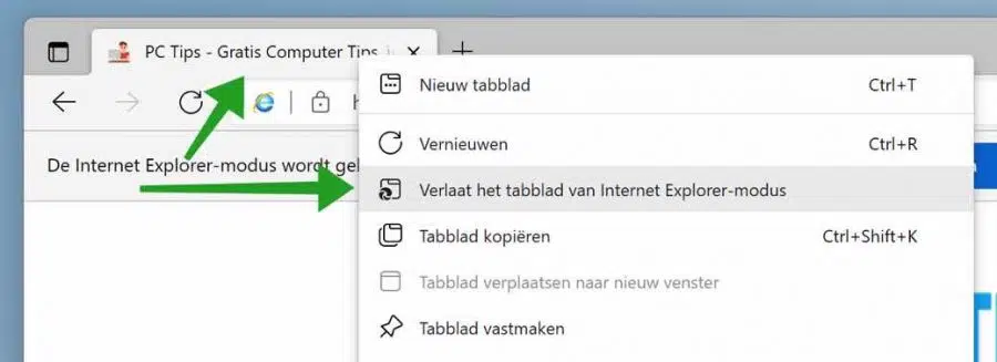 Verlaat het tabblad van Internet Explorer modus