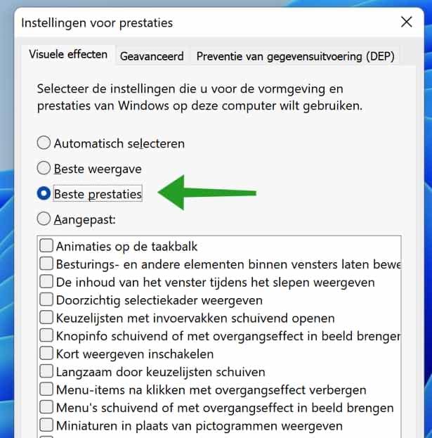 Visuele effecten aanpassen naar beste prestaties