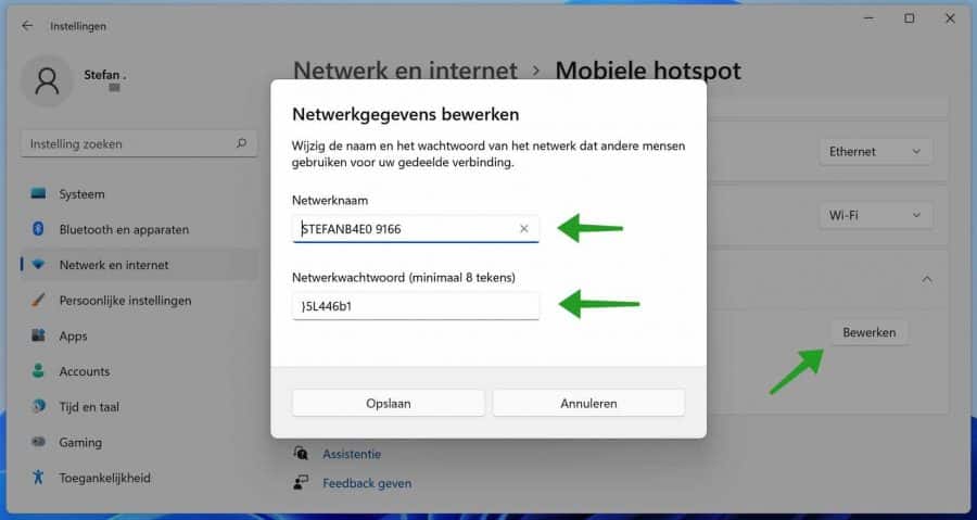 Windows 11 mobiele hotspot inloggegevens en SSID