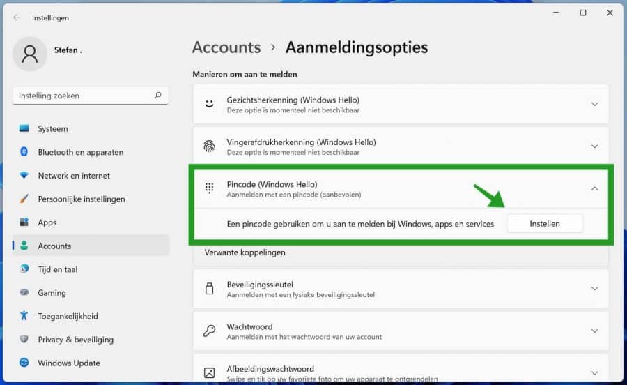 Windows Hello pincode instellen