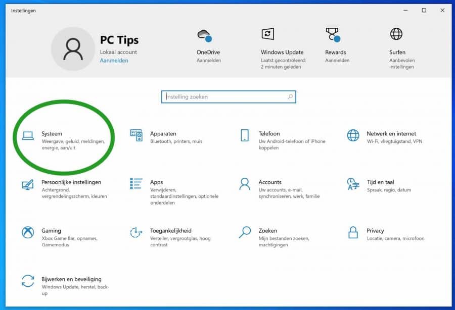 Configurações do sistema Windows