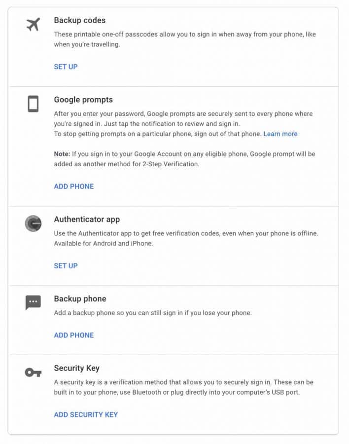 other methods to set up two-factor authentication