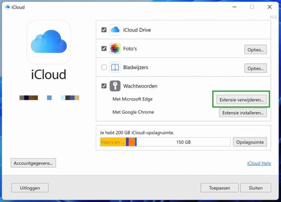 iCloud voor Windows extensie verwijderen